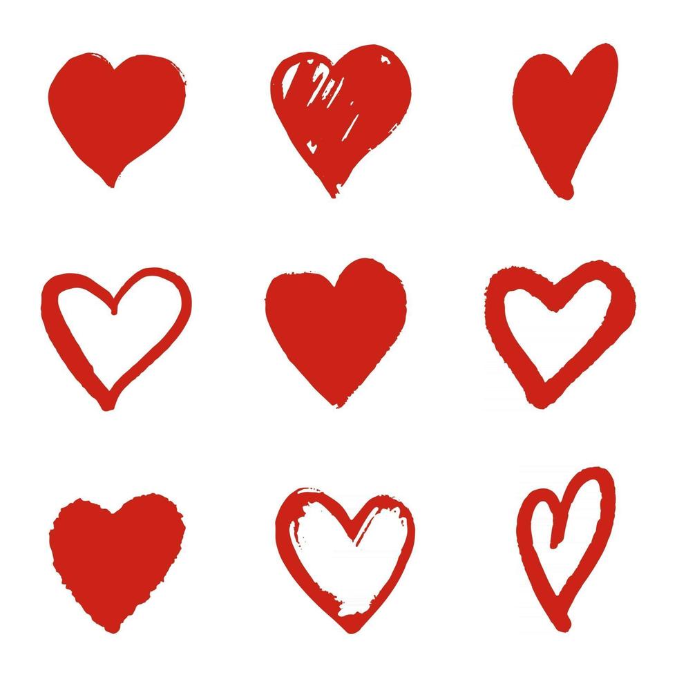Stylized texture red hearts. Textured inks. Hand drawn doodle icon. vector
