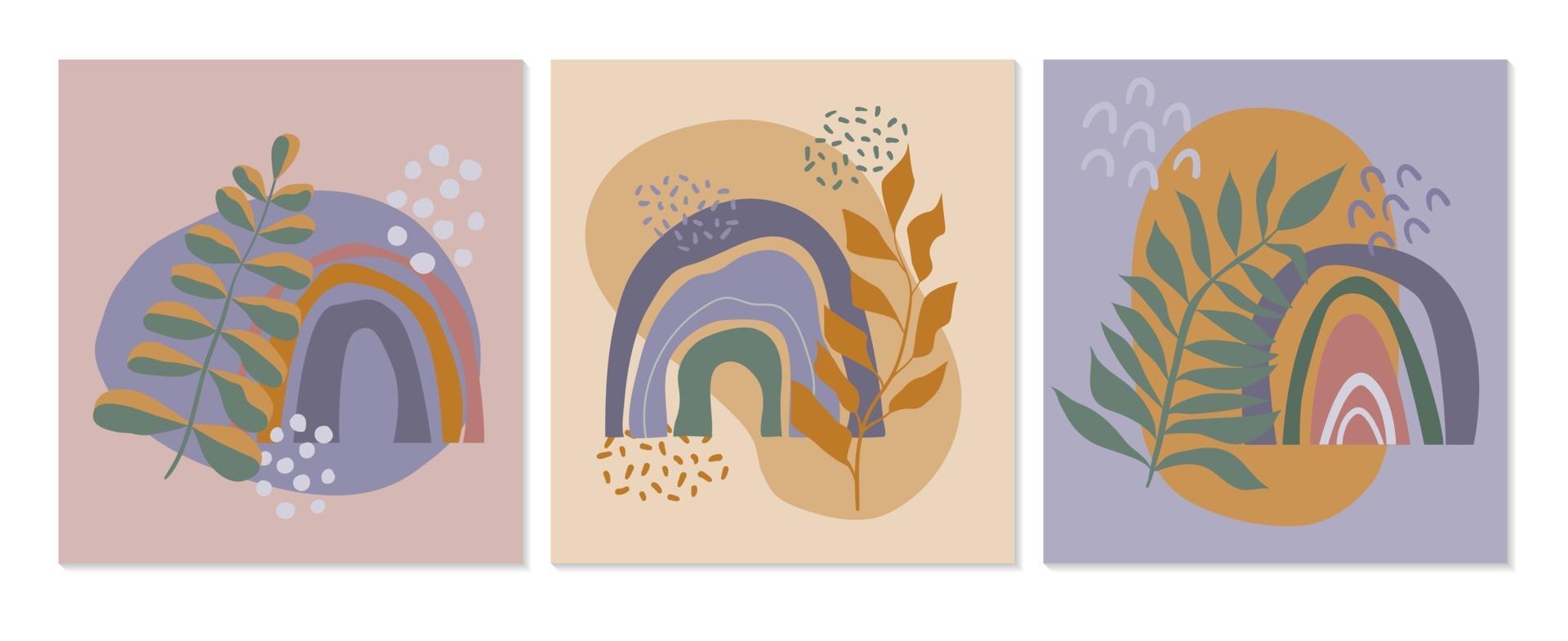 Abstract Wall Art Collection with Rainbows, Plants and Organic Shapes vector