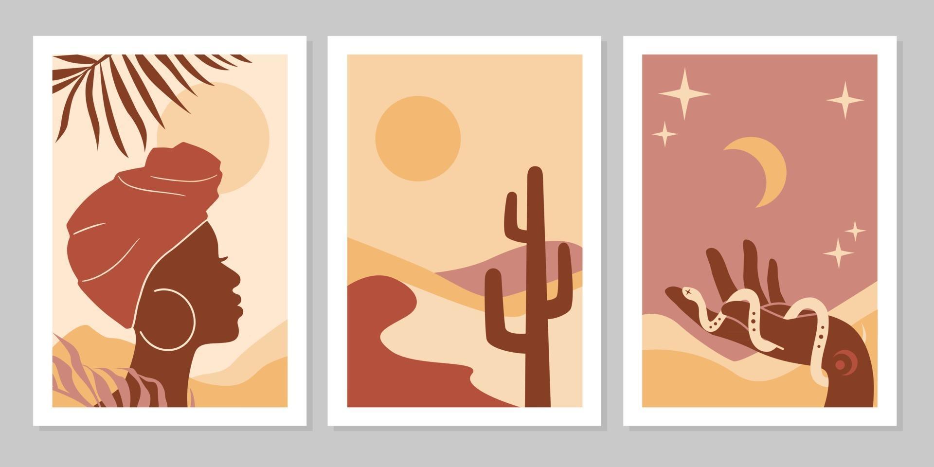 conjunto de carteles abstractos con mujer africana en turbante, paisaje, plantas, mano con serpiente, luna y sol. fondo en estilo boho minimalista. ilustración vectorial. mejor para redes sociales, tarjetas, impresión vector