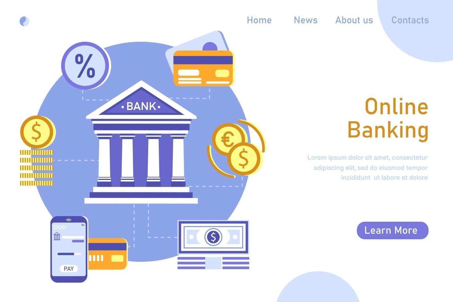 Online banking and accounting  template landing page. Infographic for using payment on mobile smartphone, credit card, currency exchange, deposit on bank. Vector flat illustration.