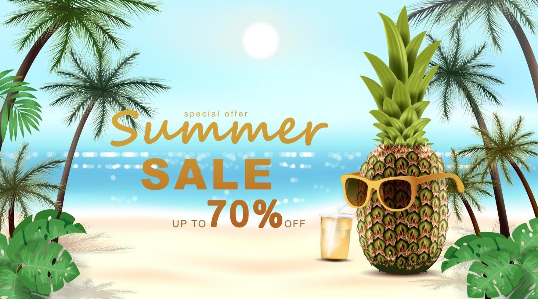 Summer banner template with Tropical pineapple and leaves. vector illustration