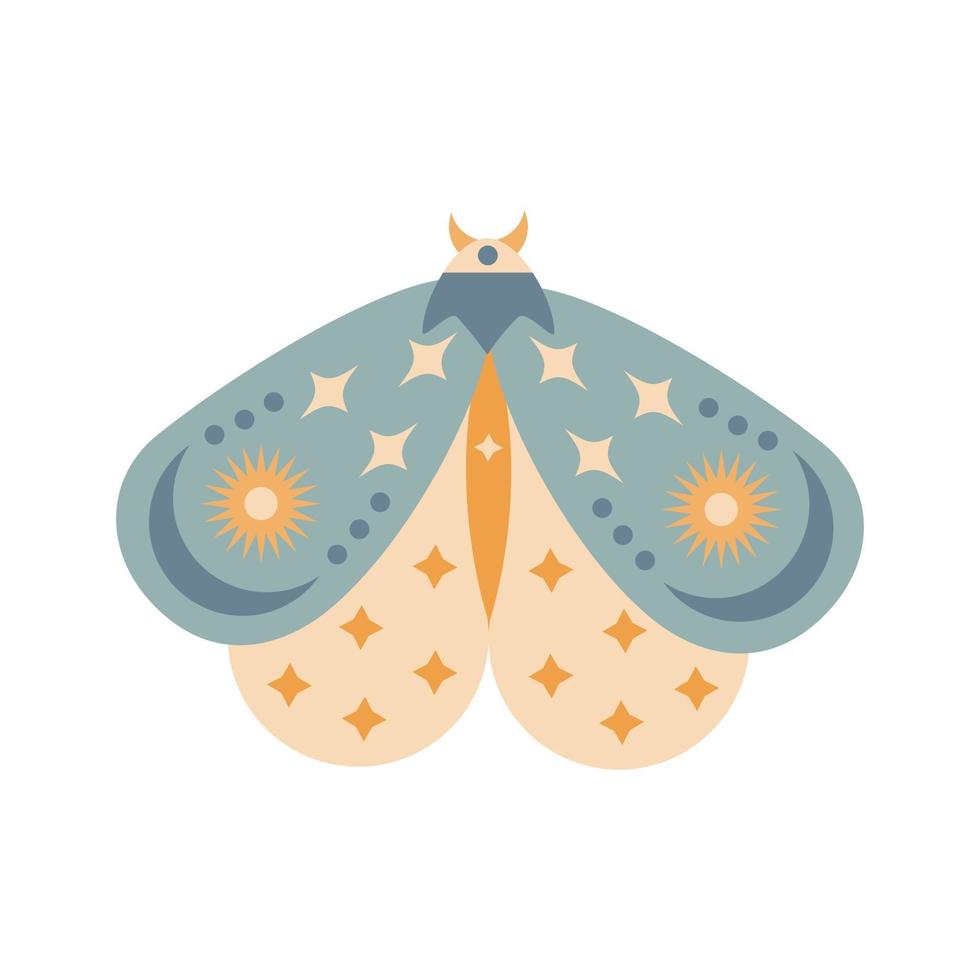 polilla dibujada a mano aislada sobre fondo blanco. Ilustración de vector de mariposa boho. símbolos misteriosos. diseño para cumpleaños, fiesta, estampados de ropa, tarjetas de felicitación.