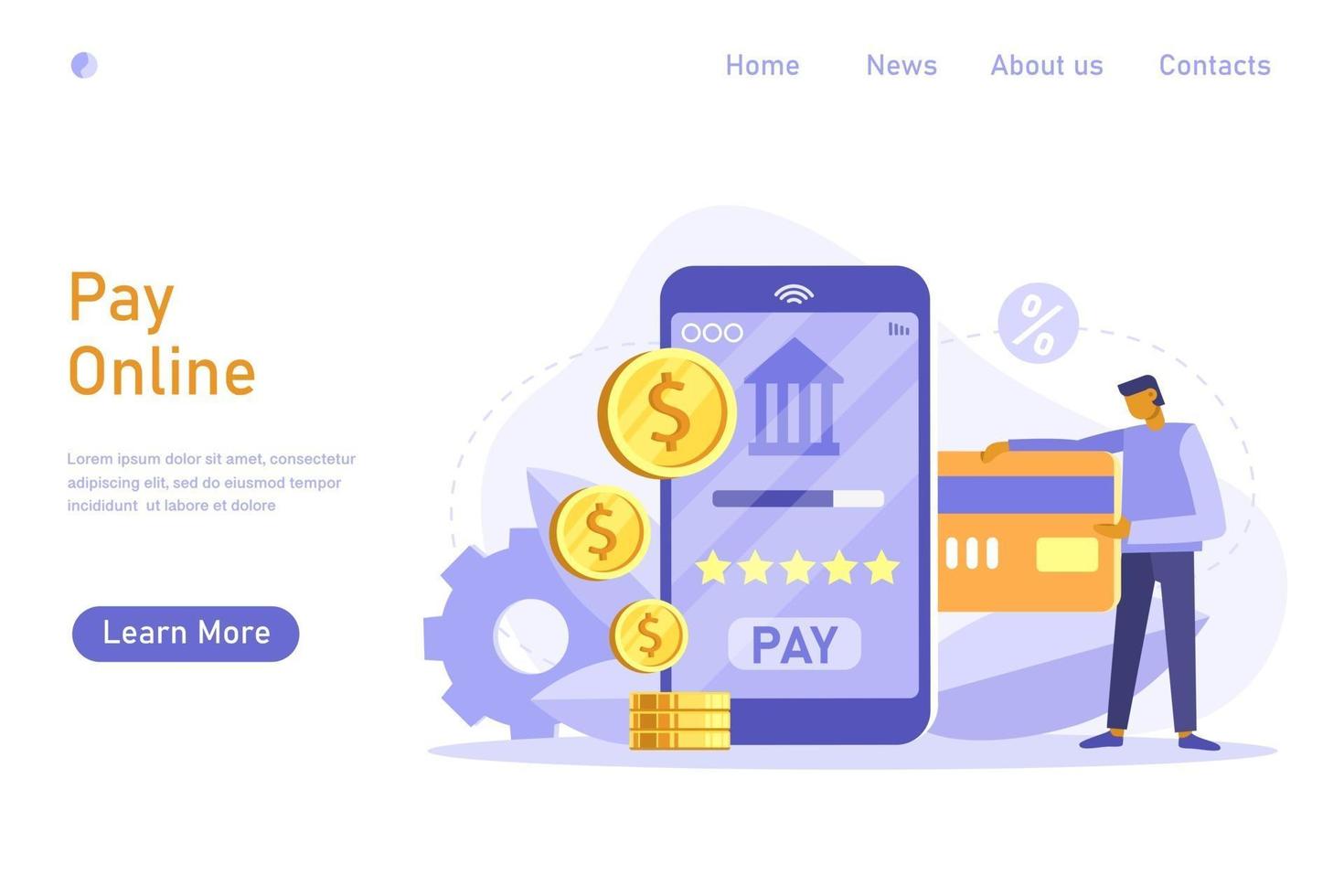 Mobile payment online. Tiny man transfer money and using credit card. Vector flat illustration. Online payment concept. Template for web landing page, banner, presentation, social media, print media.