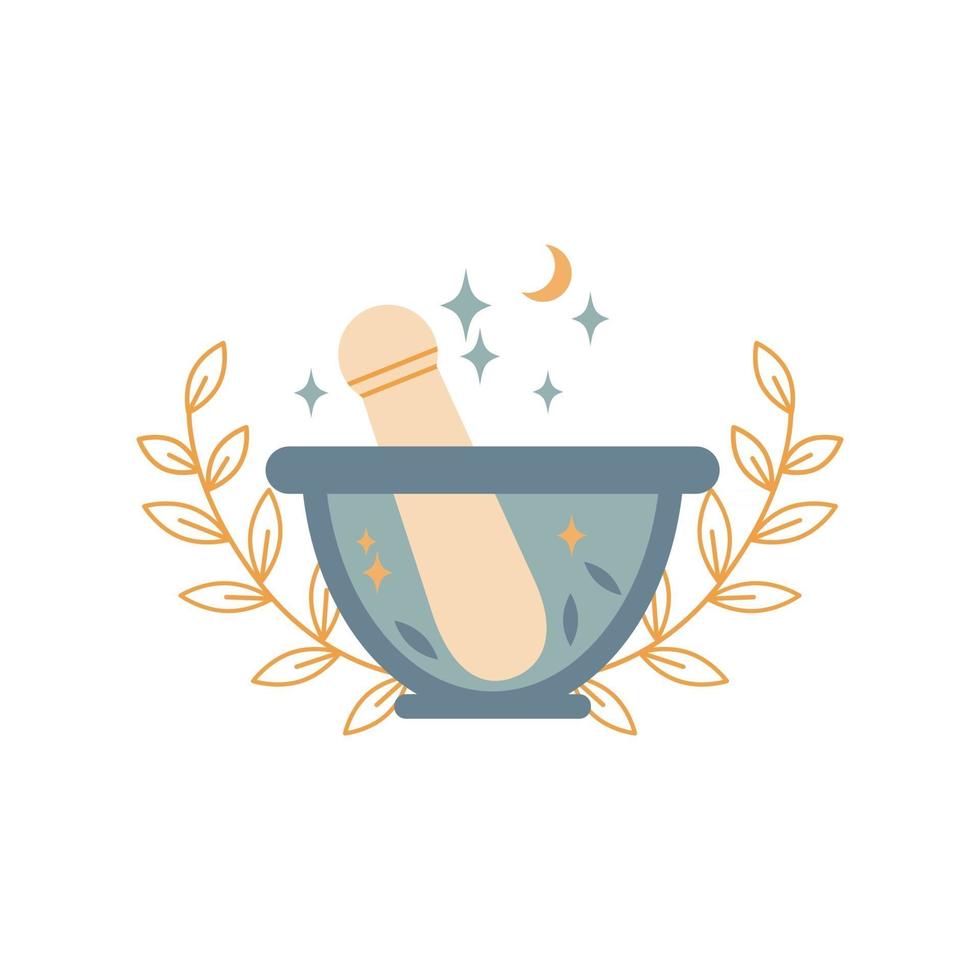 boho tazón de mortero de piedra mágica y maja con hojas, luna, estrellas aisladas sobre fondo blanco. vector ilustración plana. diseño para medicina alternativa, cocina, logo de farmacia