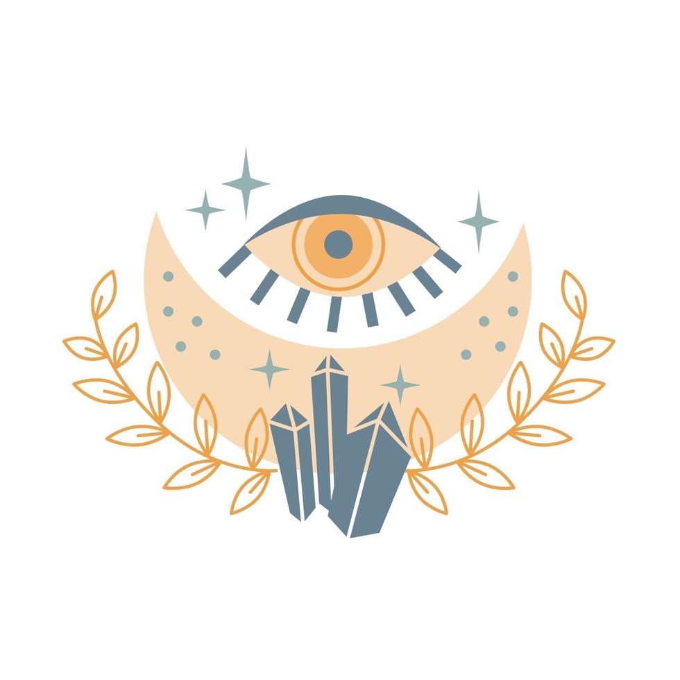 Luna mística con cristal, estrellas, ojos, hojas aisladas sobre fondo blanco. Ilustración de vector de astrología mística y mágica. diseño para camisetas, bolsos, tarjetas, carteles, invitaciones