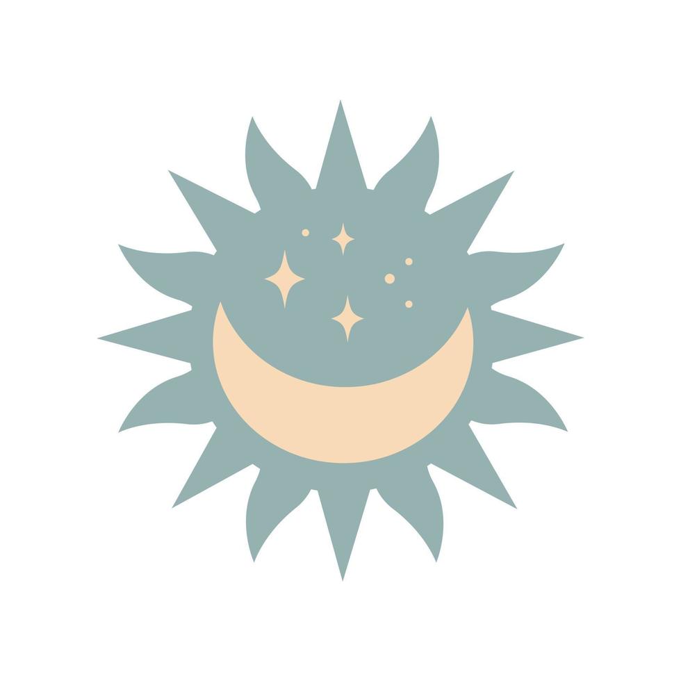 sol boho mágico moderno con luna, estrellas en silueta aislado sobre fondo blanco. vector ilustración plana. elemento celestial decorativo boho para tatuaje, tarjetas de felicitación, invitaciones, boda