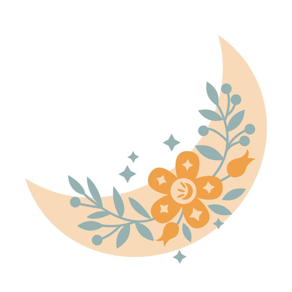 luna creciente de boho mágico con hojas, estrellas, flor aislada sobre fondo blanco. vector ilustración plana. elementos decorativos boho para tatuaje, tarjetas de felicitación, invitaciones, boda