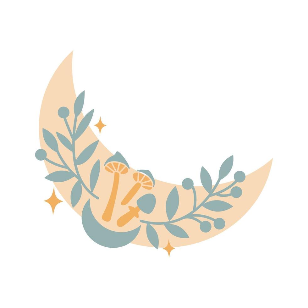 luna creciente de boho mágico con hojas, estrellas, flores, setas aisladas sobre fondo blanco. vector ilustración plana. elementos decorativos boho para tatuaje, tarjetas de felicitación, invitaciones, boda