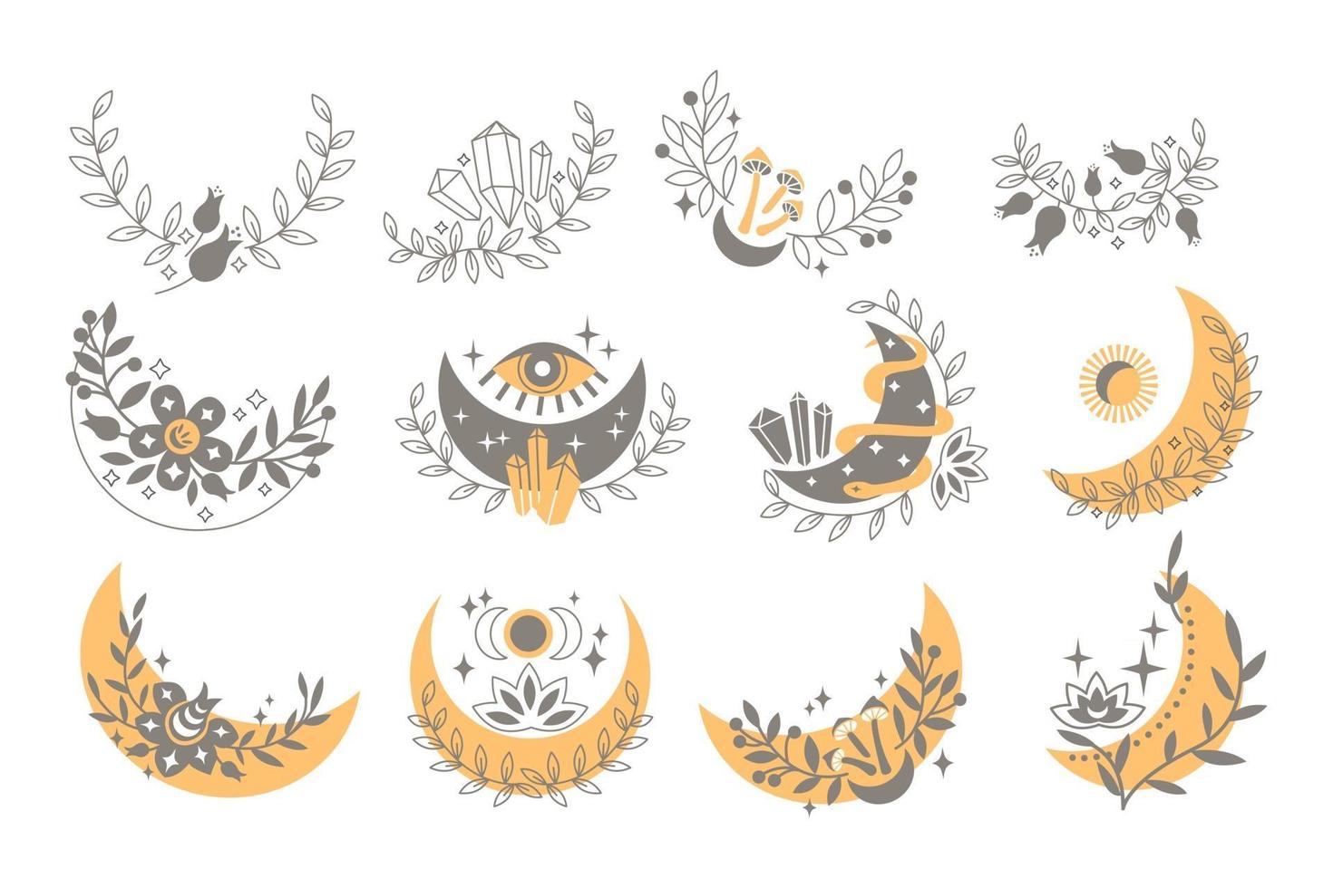 Magic boho set of crescent moon with leaves, stars, flower, gemstone, snake, eye, mushroom, berry. Vector flat illustration. Decorative boho elements for tattoo, greeting cards, invitations, wedding