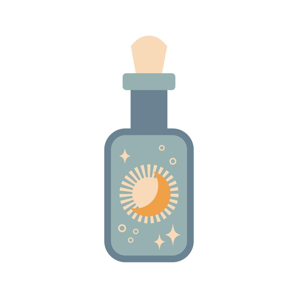 silueta de botella con elixir mágico o veneno con sol y luna aislado sobre fondo blanco. silueta de botella de poción boho. ilustración vectorial oculta. elemento de diseño de alquimia. cartel místico esotérico vector