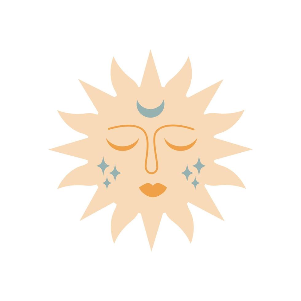 Modern magic boho sun with moon, stars, face in silhouette  isolated on white background. Vector flat illustration. Decorative boho celestial element for tattoo, greeting cards, invitations, wedding