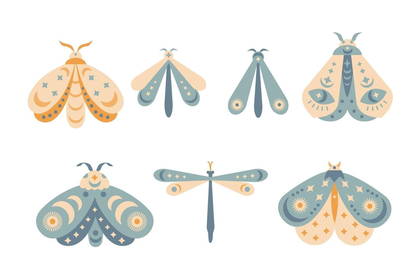 Conjunto de dibujado a mano de polilla mística aislado sobre fondo blanco. Ilustración de vector de mariposa. símbolos misteriosos. diseño para cumpleaños, fiesta, estampados de ropa, tarjetas de felicitación.