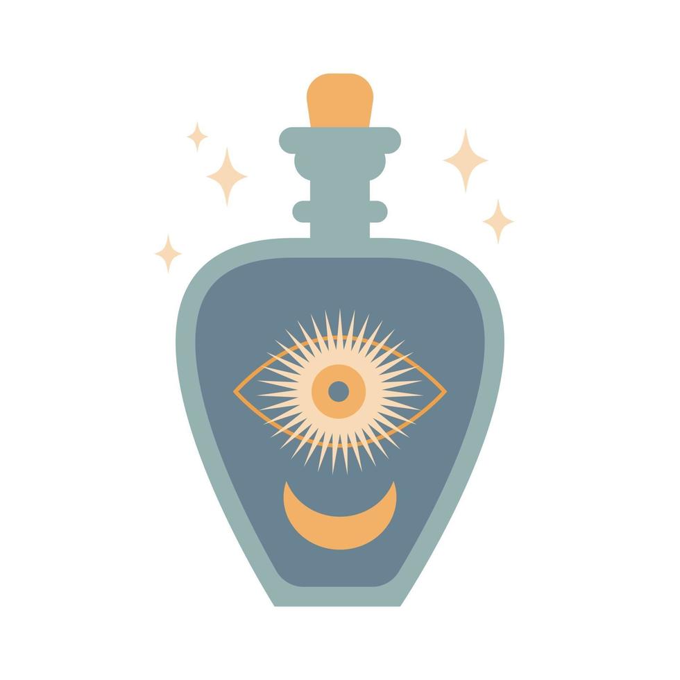 silueta de botella con elixir mágico o veneno con ojo, luna aislada sobre fondo blanco. silueta de botella de poción boho. ilustración vectorial oculta. elemento de diseño de alquimia. cartel místico esotérico vector