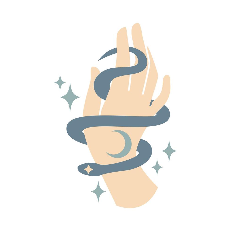 Manos mágicas esotéricas con serpiente, luna y estrellas aisladas sobre fondo blanco. Ilustración plana de vector de astrología mística. diseño de logotipo femenino simple para tarjeta, póster, invitación, spa