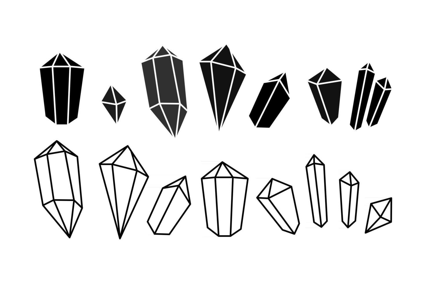 Hand drawn icon set of crystal gem silhouette in doodle style. Vector outline illustration. Geometric shapes and mystical symbol. Trendy hipster design for print, card, background, web, jewelry