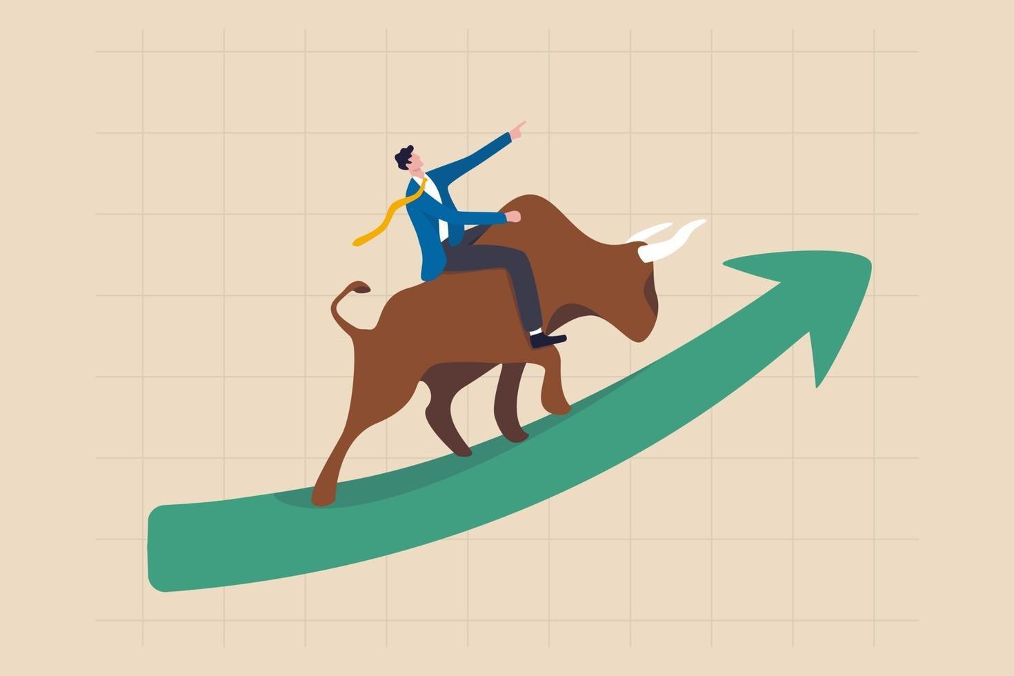 Stock market bull market, financial asset value and price rising up, investor and trader gain more profit concept, confident businessman investor riding bull running on rising up upward green graph. vector