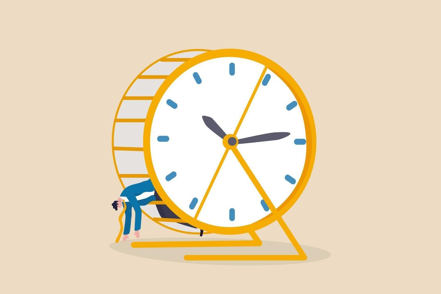 Exhausted and fatigue from routine job, tried or burnout from overworked, time management problem concept, exhausted tried businessman lay down in hamster rat race with time running clock. vector