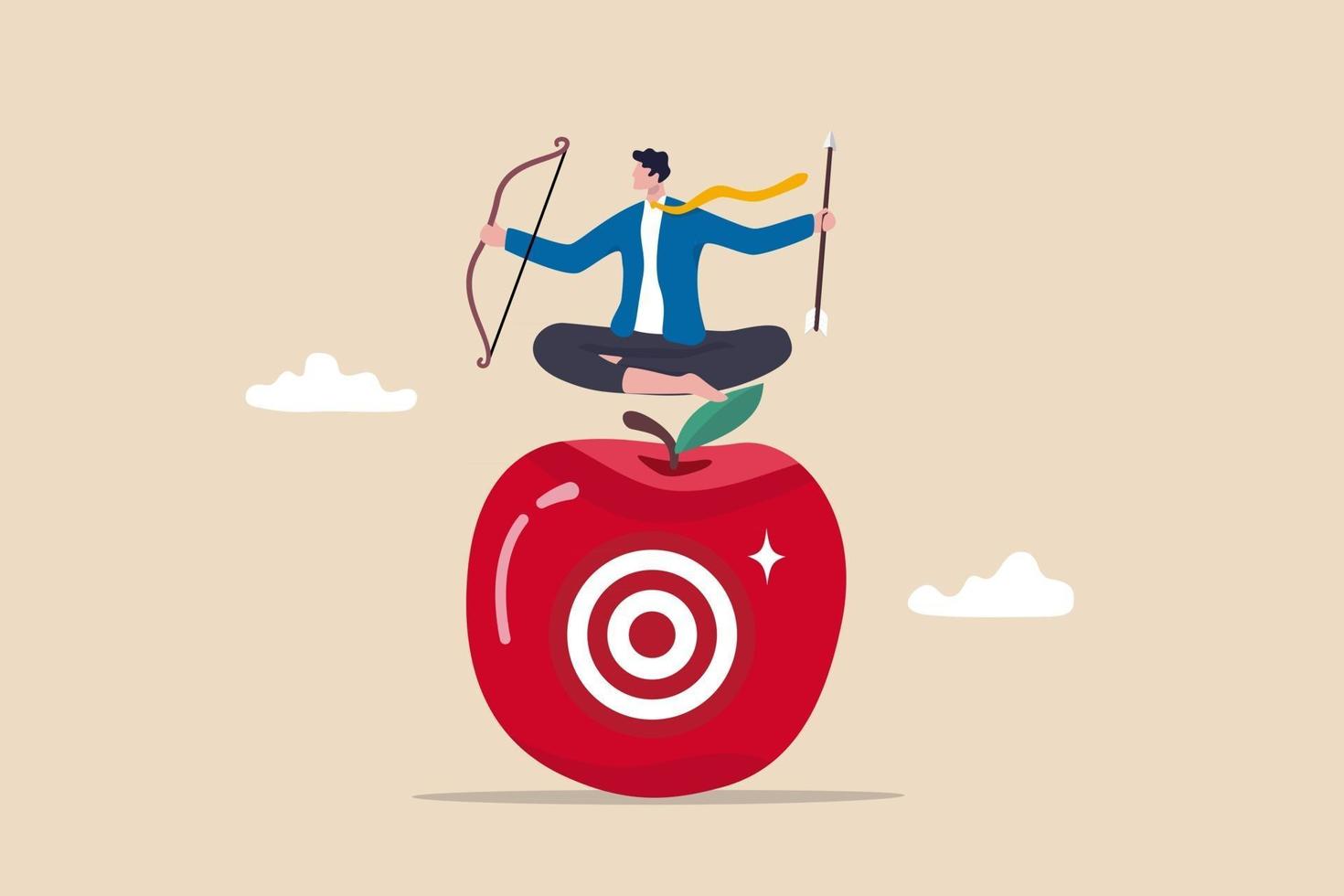 Concentration and focus on business goal or target business plan for winning strategy concept businessman archery holding arrow and bow meditate and focus on bullseye target at the center of apple vector