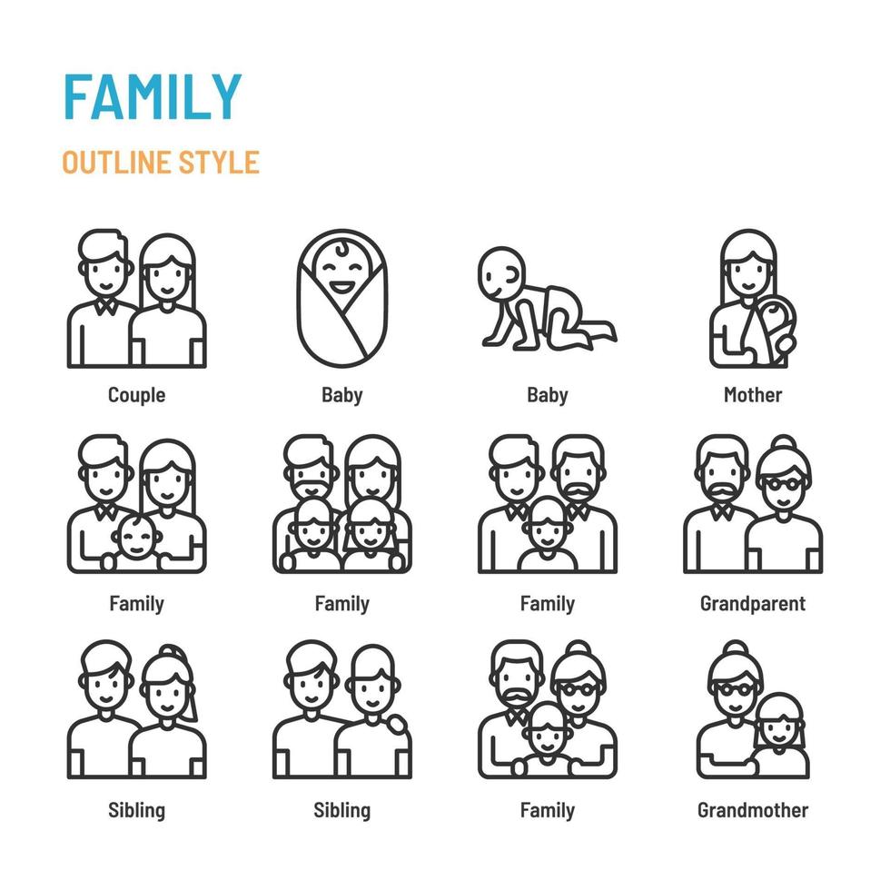 Family in outline icon and symbol set vector