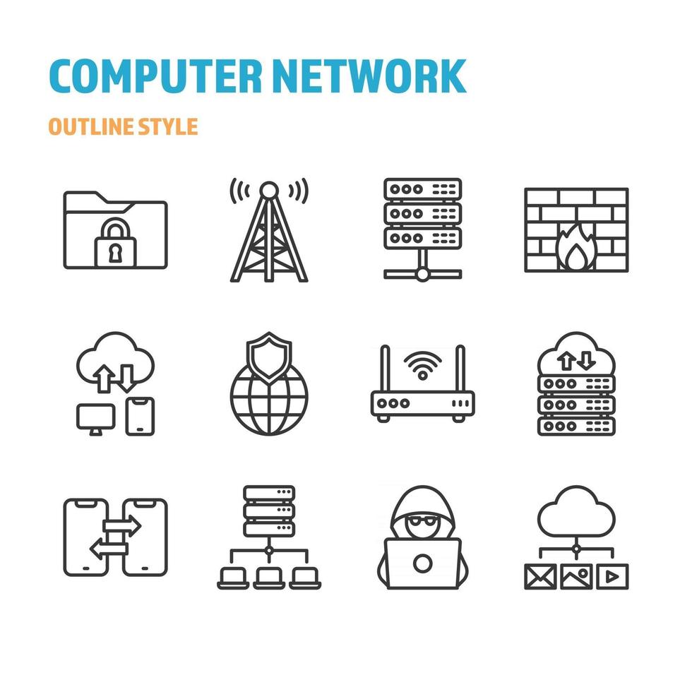 Computer Network in outline icon and symbol set vector