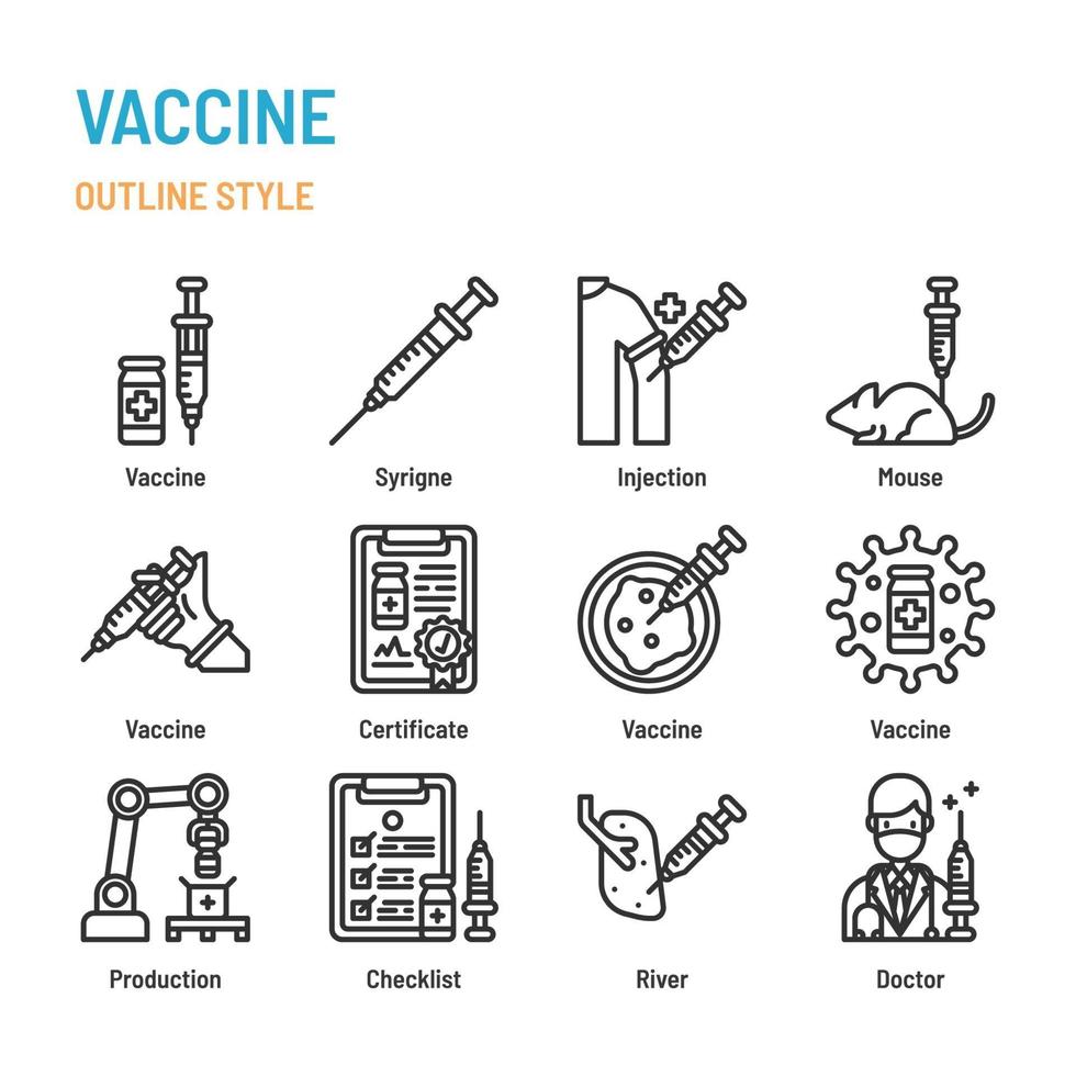 Vaccine in outline icon and symbol set vector