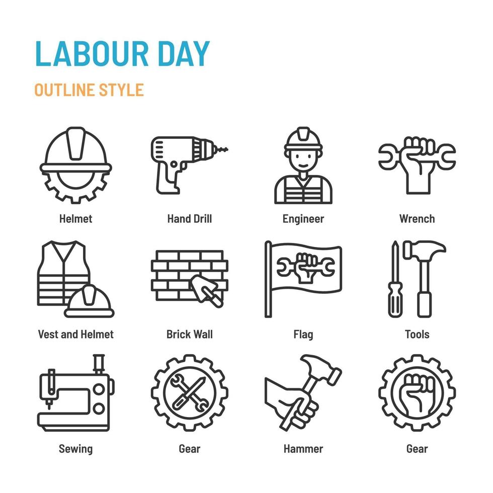 Labour day in outline icon and symbol set vector