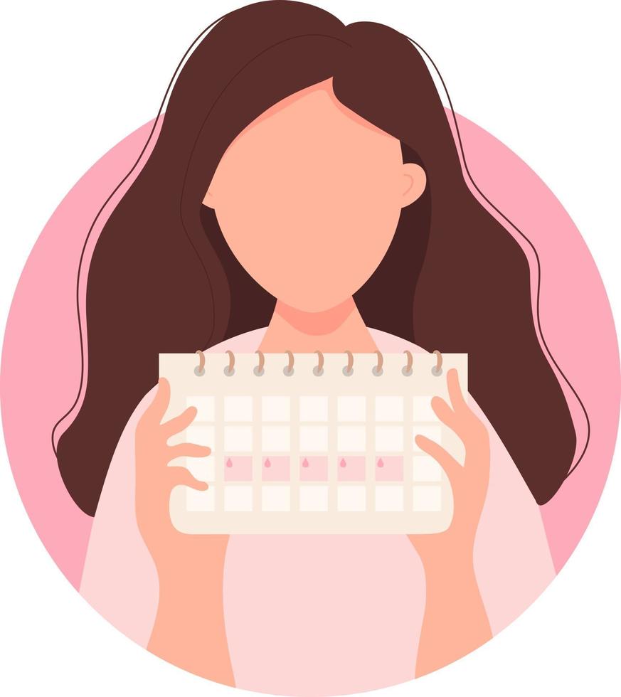 Cute girl with long hair holding female menstrual cycle calendar in hands vector