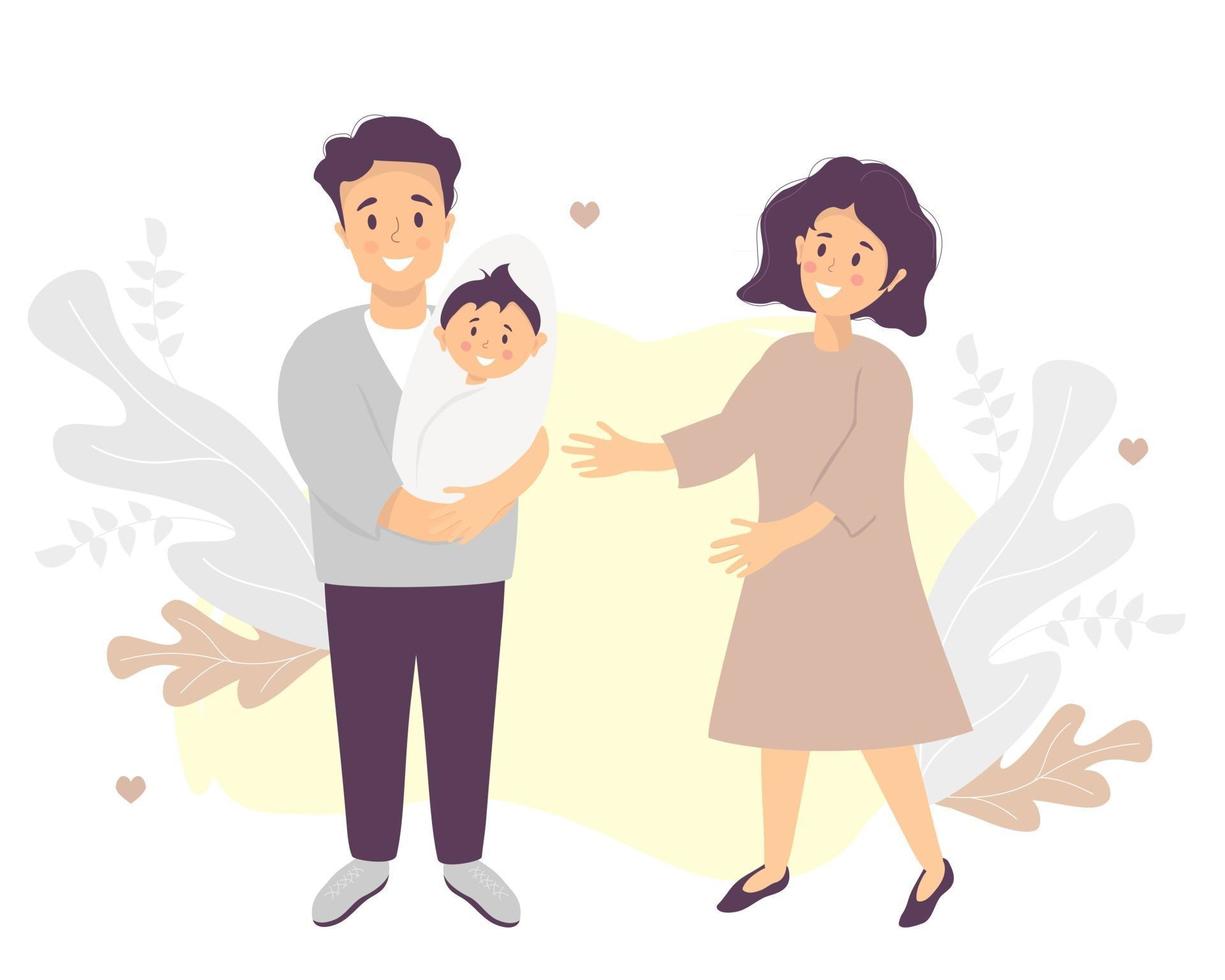 Family life concept Happy husband holds a smiling newborn son in his arms A woman-wife stands next vector