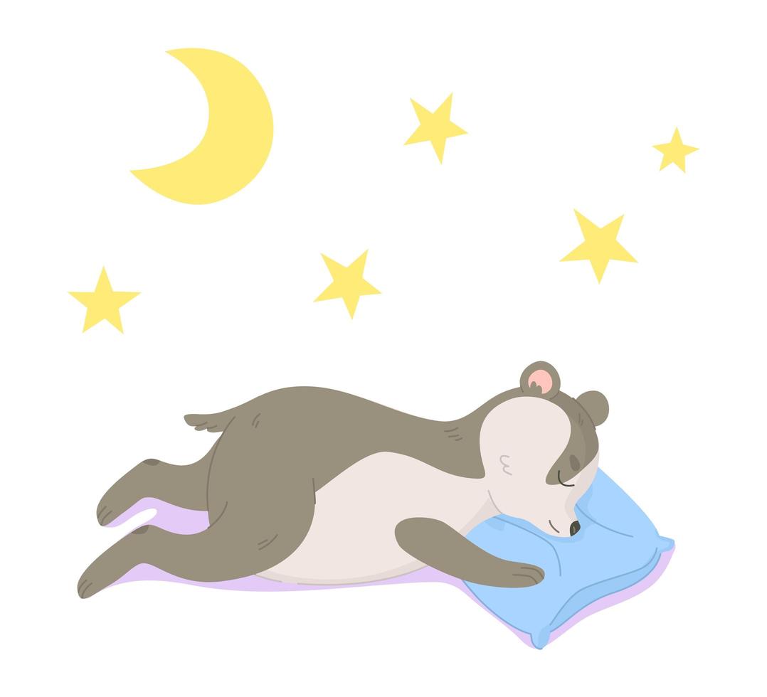 Cute little badger sleeping on pillow. Dream, woodland animl, children design, nurcery concept. Can be used as kids poster. Stock vector illustration in flat cartoon style isolated on white