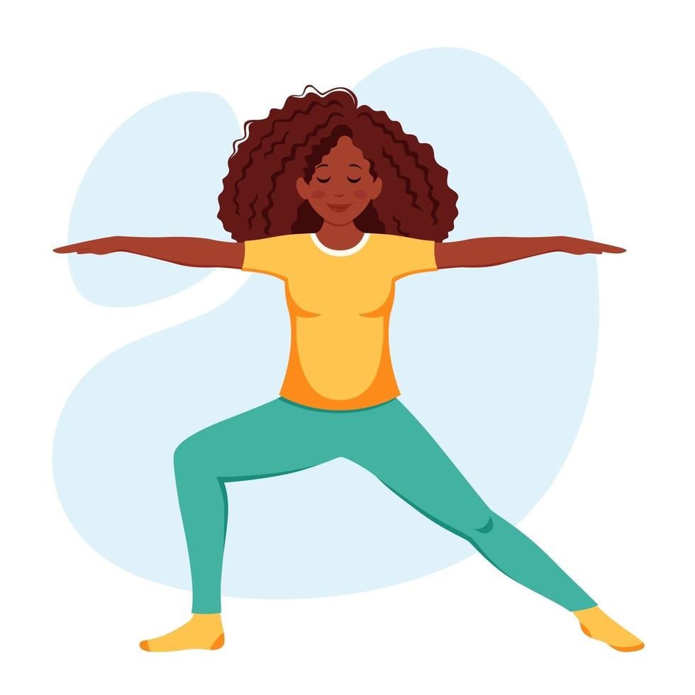 Mujer afroamericana practicando yoga estilo de vida saludable relajarse meditación vector