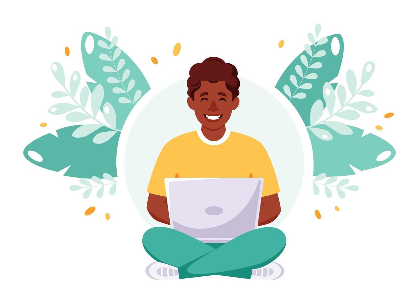 Afro american man working on laptop. Freelance, remote work concept vector