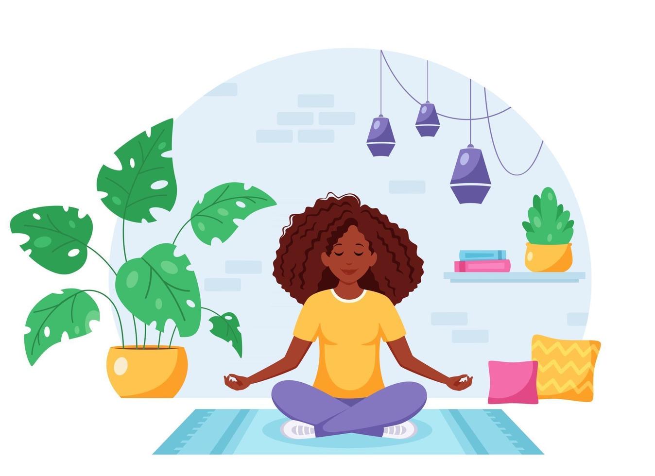 Afroamericana meditando en posición de loto en un acogedor interior moderno vector