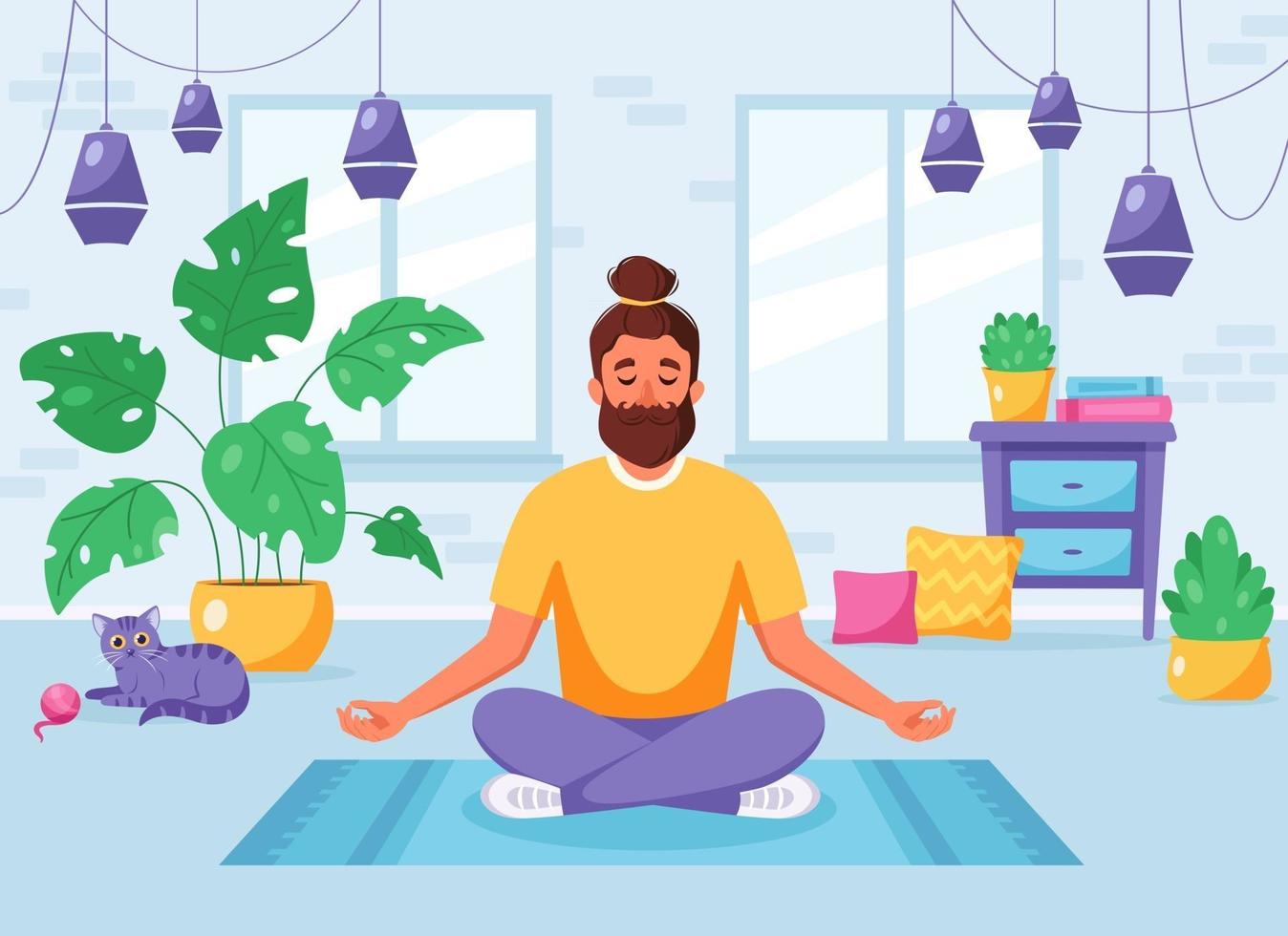 Man meditating in lotus pose in cozy modern interior. Healthy lifestyle, home activity. Vector illustration