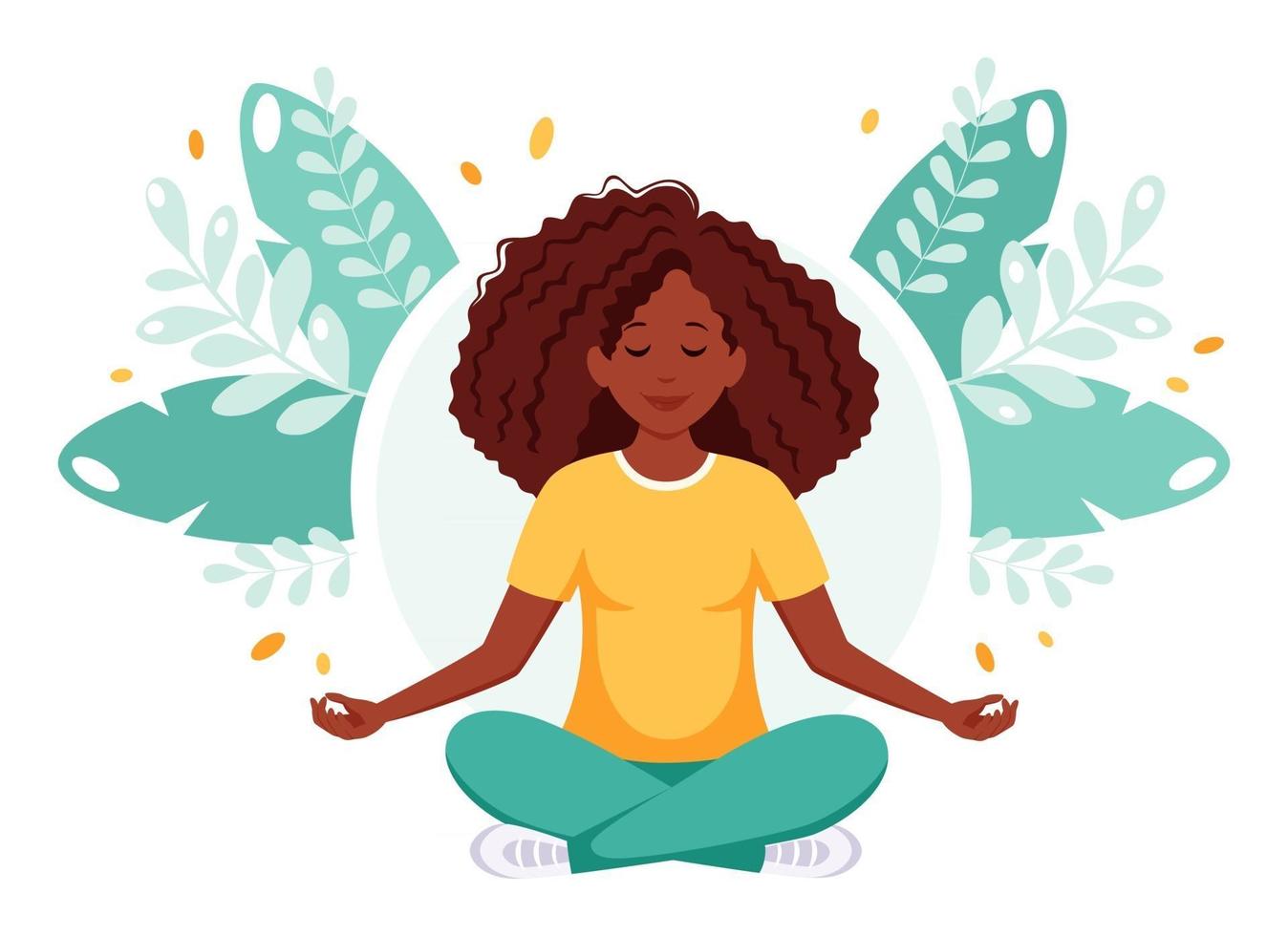 mujer afroamericana meditando en posición de loto. estilo de vida saludable, yoga, relax. vector