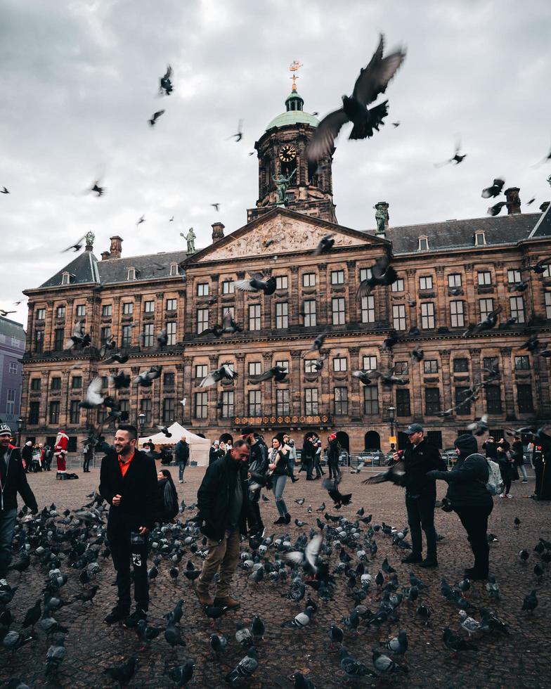 Amsterdam, Netherlands 2018- A group of people with pigeons in front of the Royal Palace in Amsterdam photo