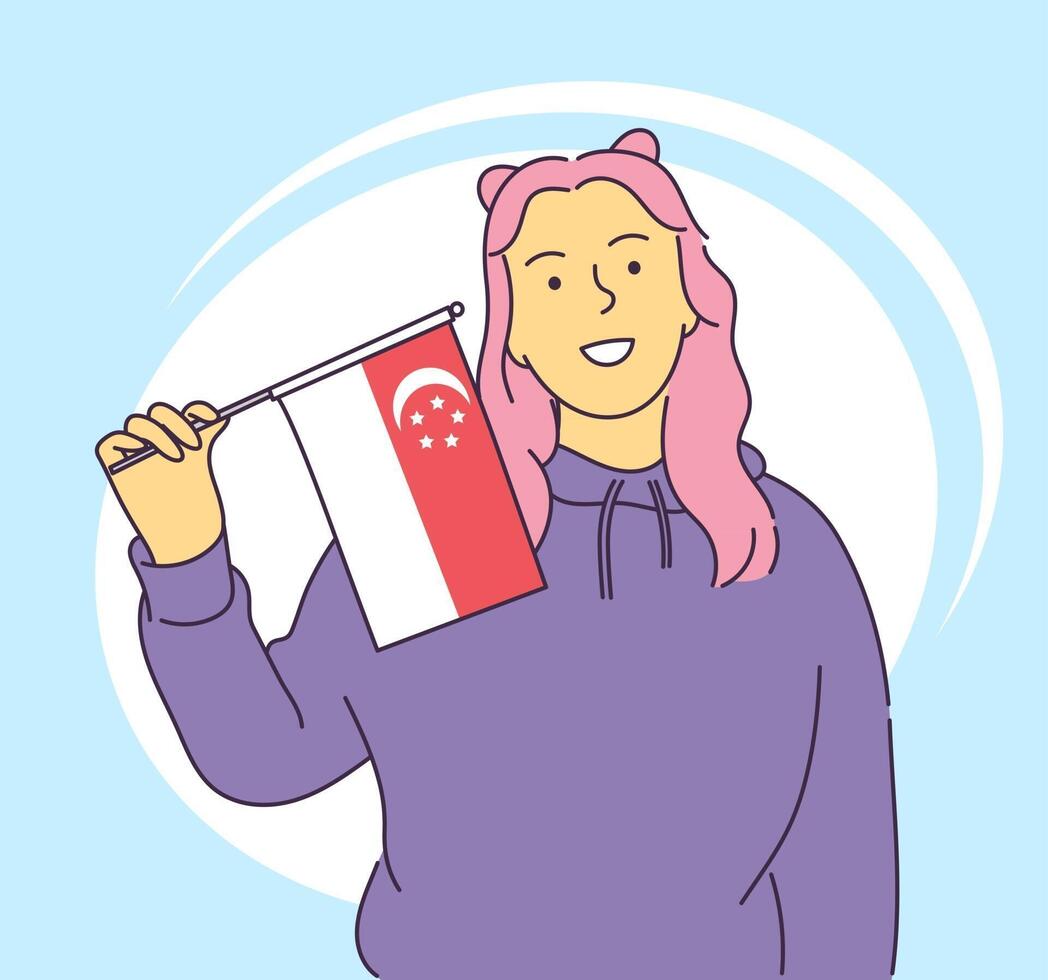 9 de agosto concepto del día nacional de singapur niña feliz sosteniendo la bandera de singapur ilustración vectorial vector