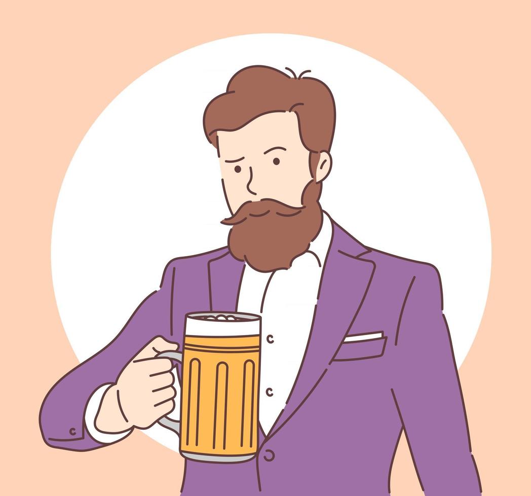 National Beer Day Joyful man with a beard in suit holding a mug of beer Flat vector illustration