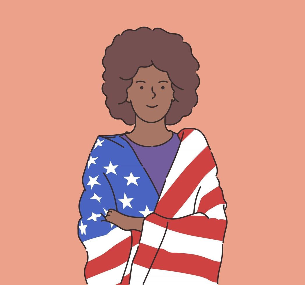 4 de julio, día de la independencia, libertad, democracia, concepto, feliz, joven, mujer afroamericana, envuelto, en, estados, bandera, plano, vector