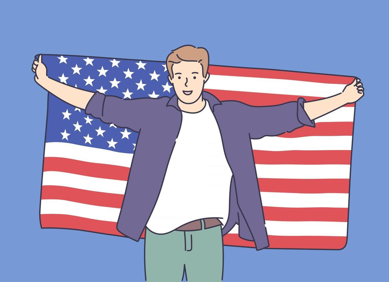 4th of July Independence Day freedom democracy concept Young excited happy man holds a big USA flag and celebrating Flat vector illustration