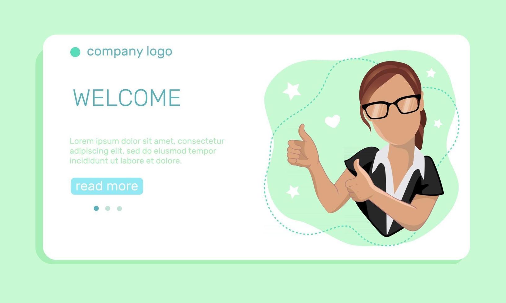 Marketing concept. A young  woman with thumbs up gesture on light green background.  Landing page template. Vector illustration in flat style.