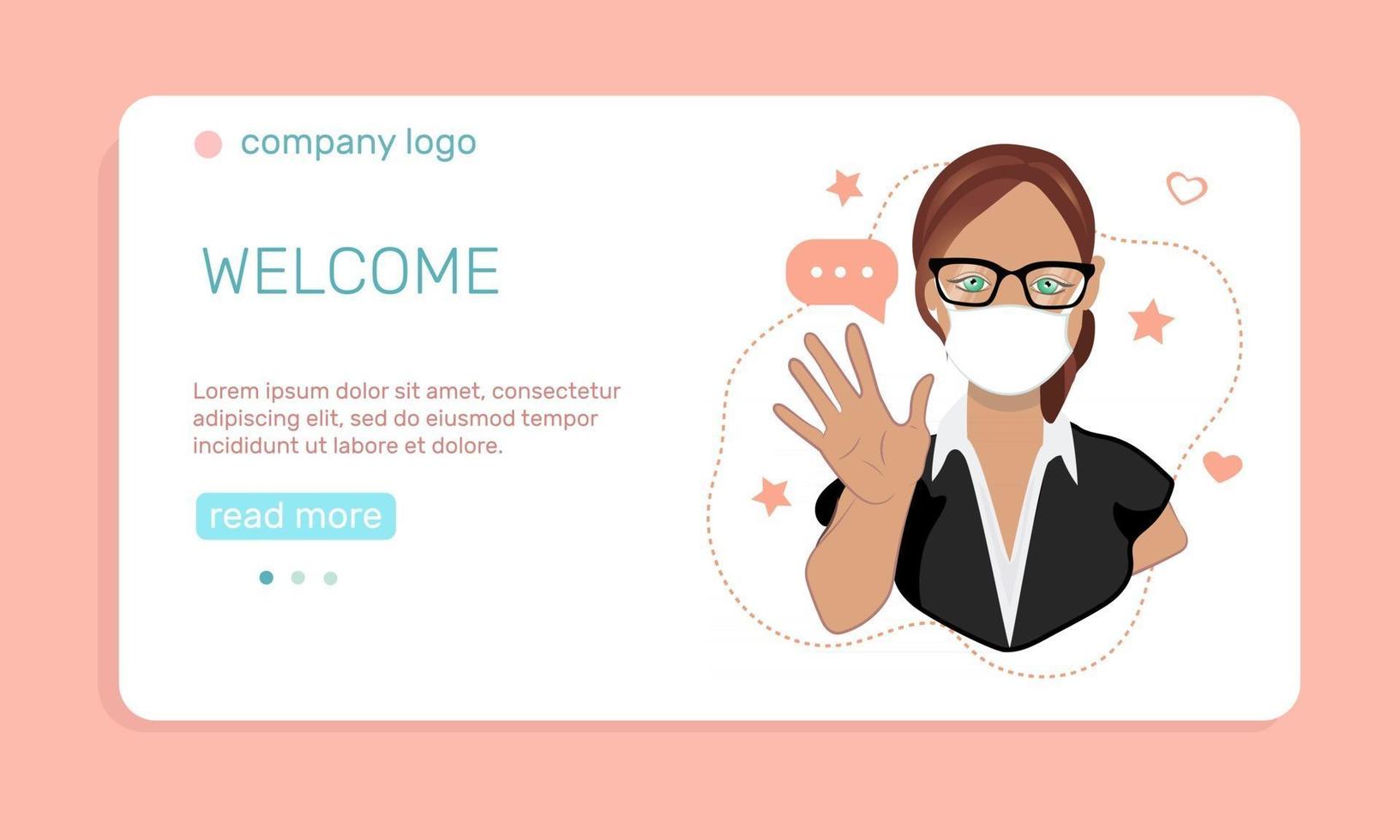 Health care or medicine concept. A young  girl in medical face mask  waving hand, greeting people.  Landing page template. Vector illustration in flat style.