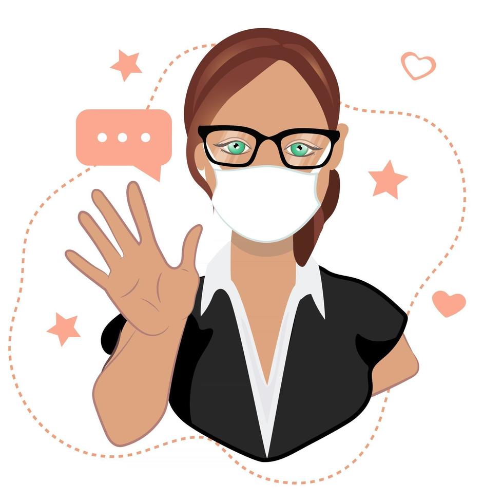 A young  woman in  medicine mask  waving hand, greeting people. vector