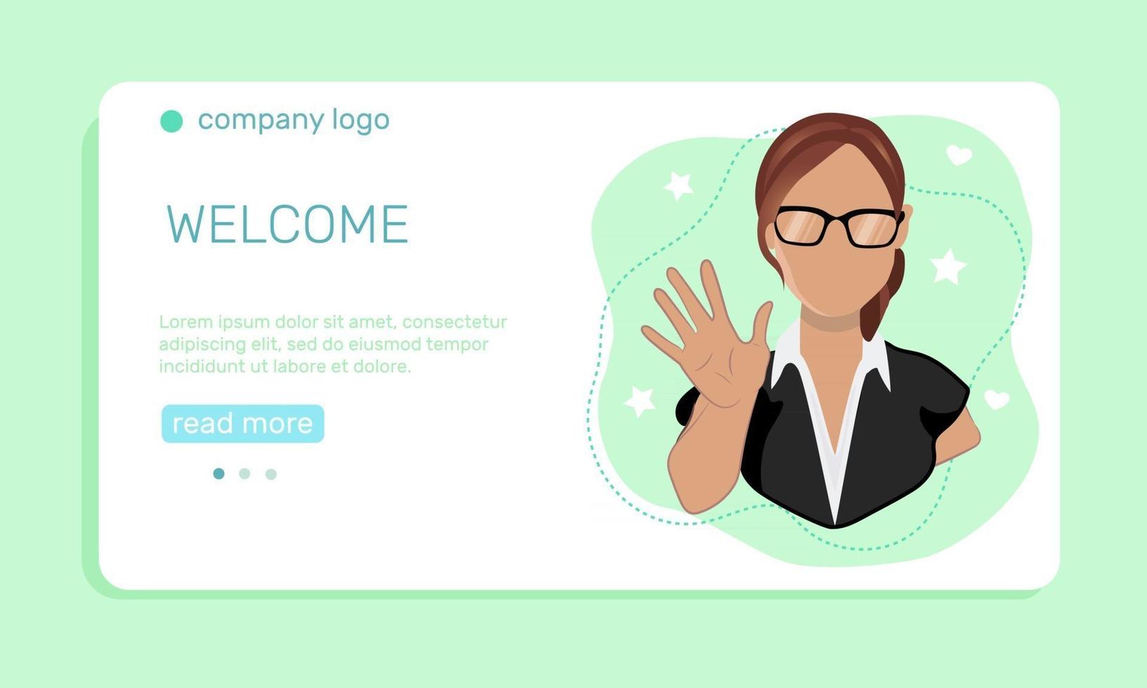 Marketing concept. A young  woman waving hand, greeting people.  Landing page template. Vector illustration in flat style.