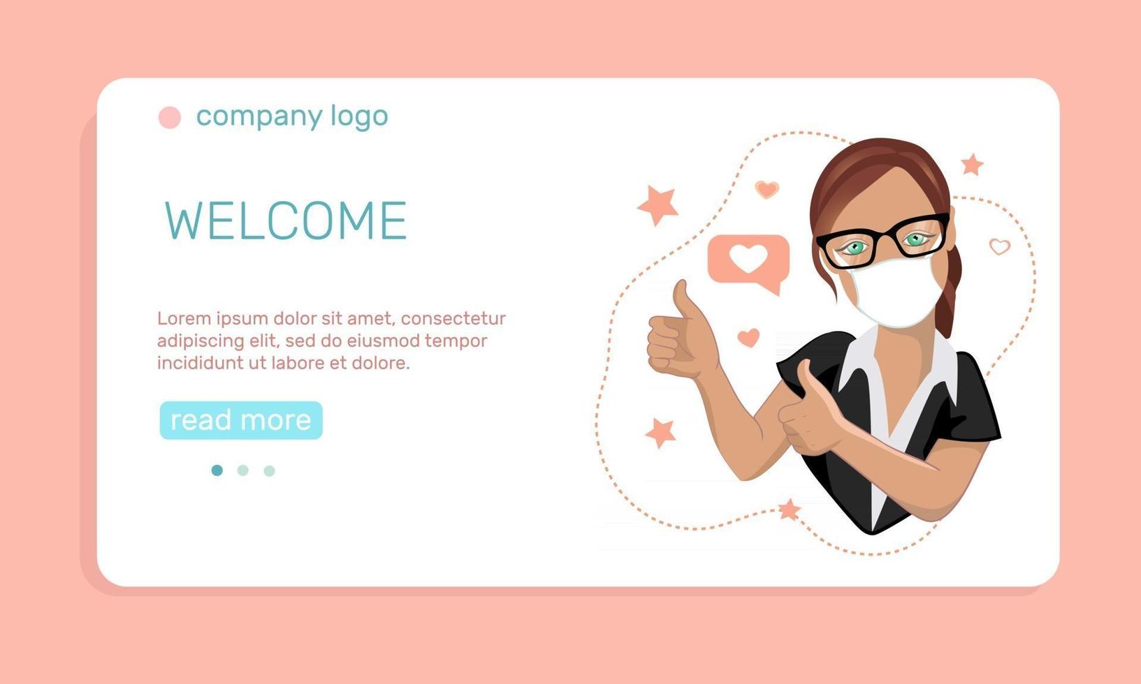 Health care or medicine concept. A young  woman in medical face mask  with thumbs up gesture.  Landing page template. Vector illustration in flat style.