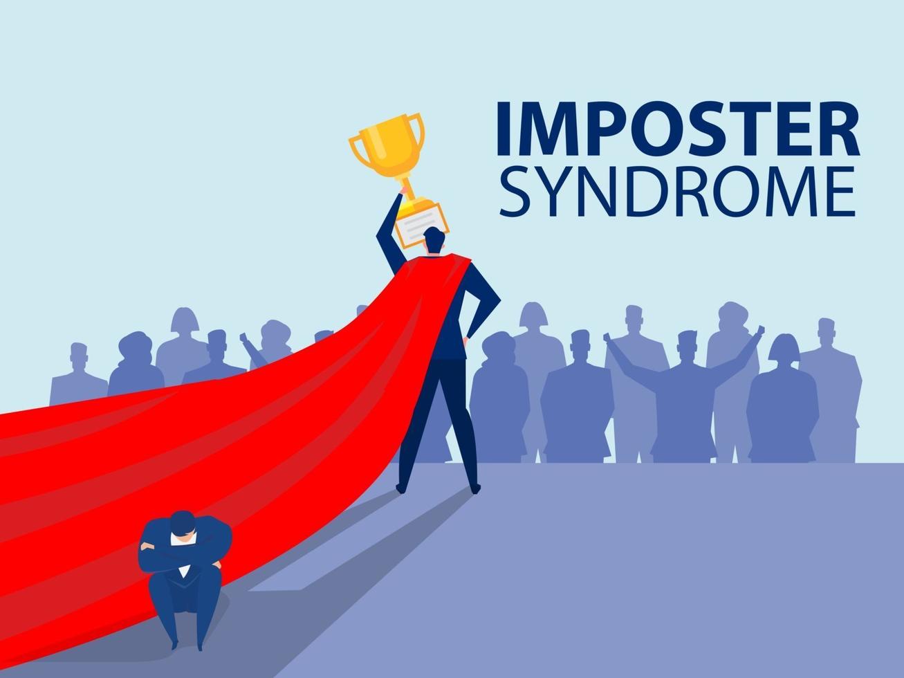 Imposter syndrome man standing for her present profile with fear shadow behind. Anxiety and lack of self confidence at work the person fakes is someone else concept vector