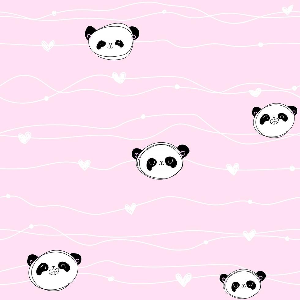 Cute pastel pink pattern with line doodle panda with hearts Seamless background Textiles for children Minimalism paper scrapbook for kids vector