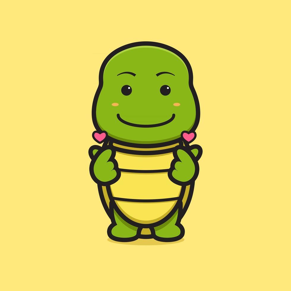 Cute turtle mascot character with finger love pose cartoon vector icon illustration