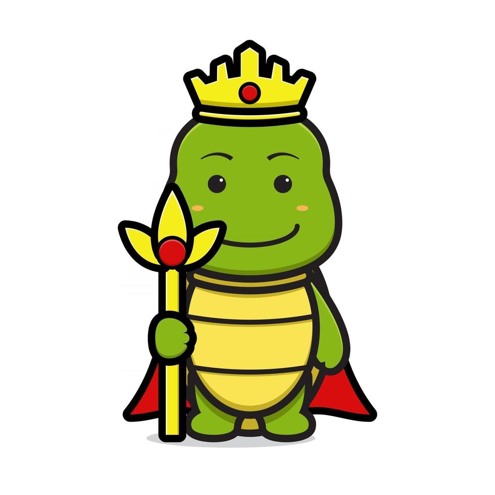 Cute king turtle mascot character holding staff cartoon vector icon illustration