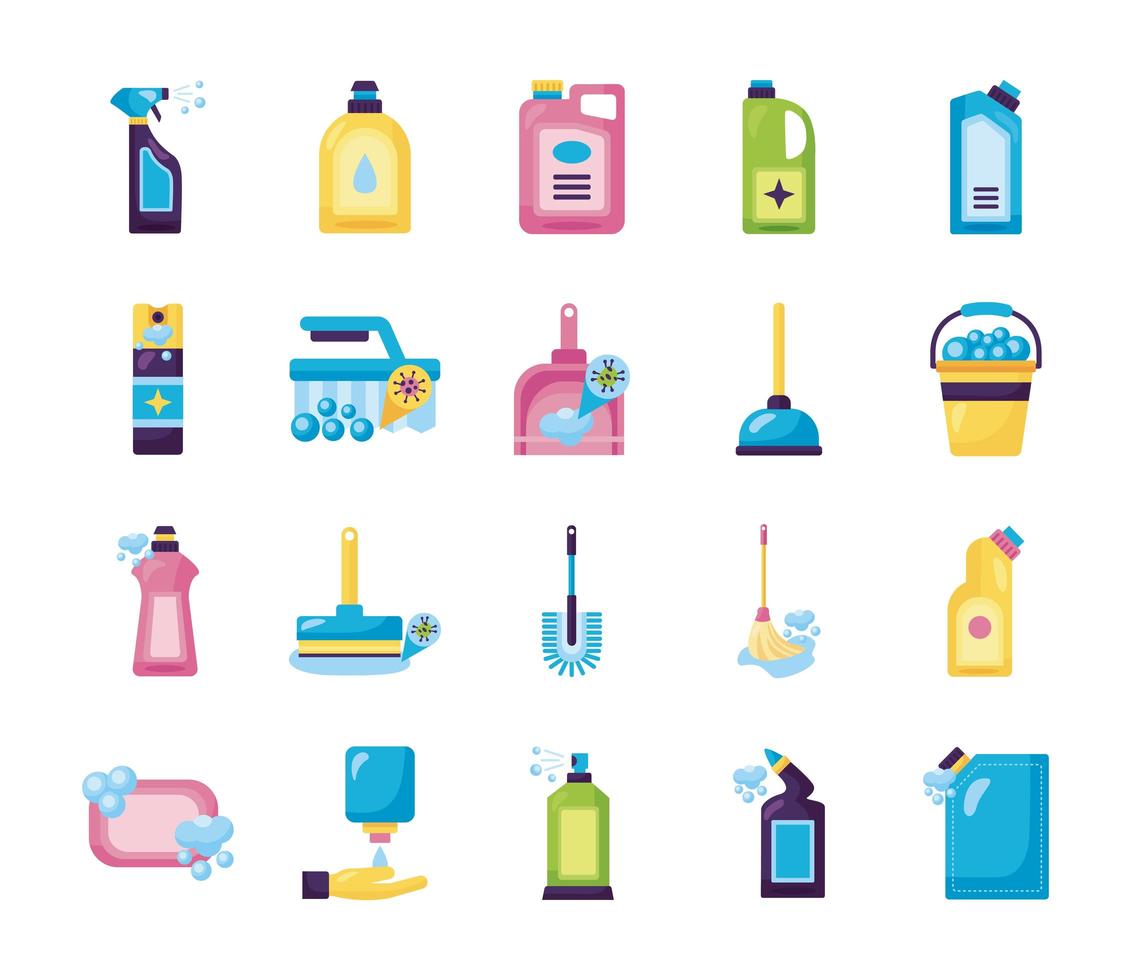 bundle of desinfectants set icons vector