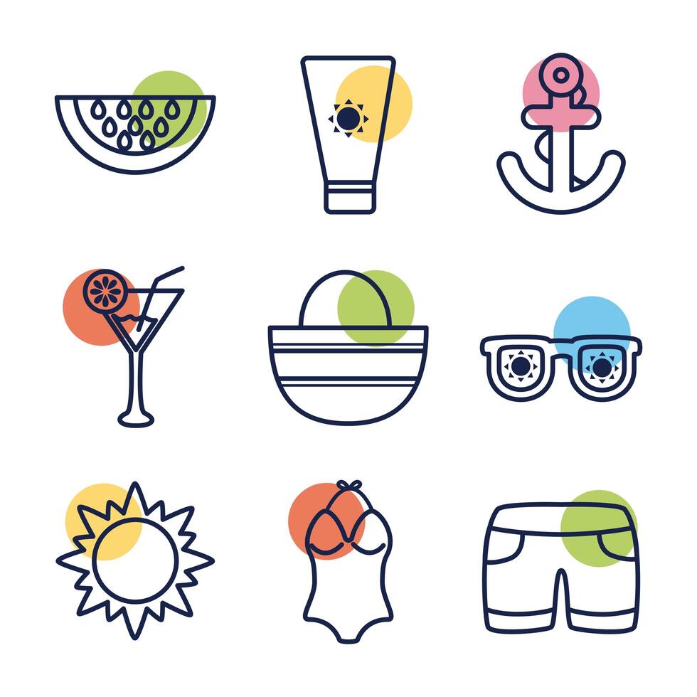 bundle of beach set block line icons vector